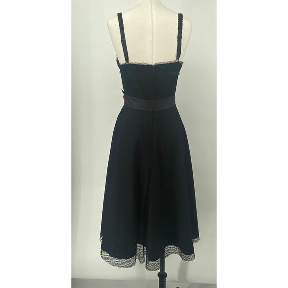 Unique Vintage Lace Fit & Flare Midi Dress Rosette Satin Waist Black Red Small - Picture 7 of 10